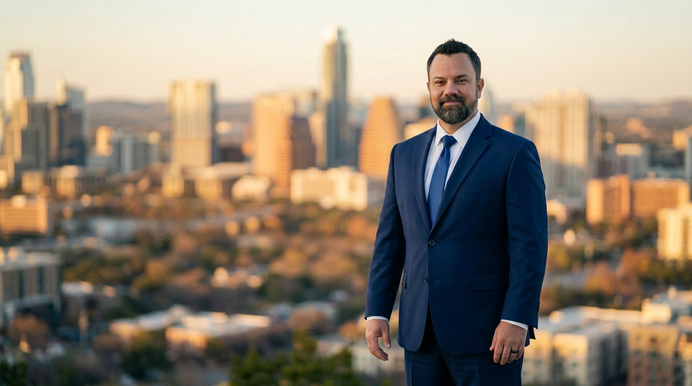 Independent Texas real estate broker in front of the Texas skyline at sunset
